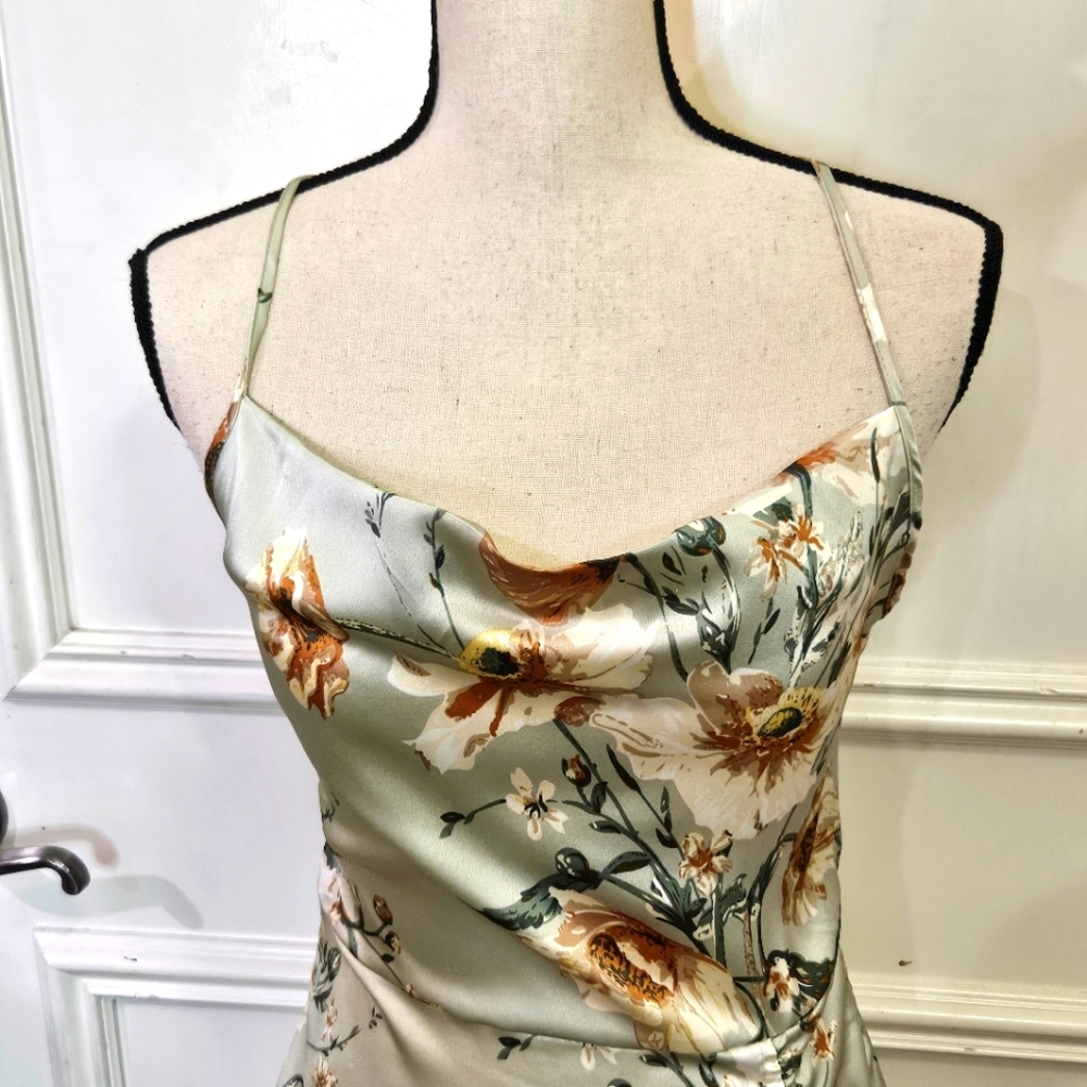 Cider Green Satin Multicolor Floral Asymmetrical Midi Slip Dress,Medium,NWT - Picture 5 of 16